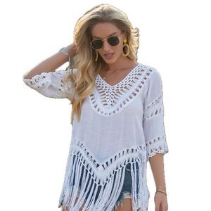 Vivid Women's Semi Sheer White Boho Macrame Fringe Cover Up Top Blouse M